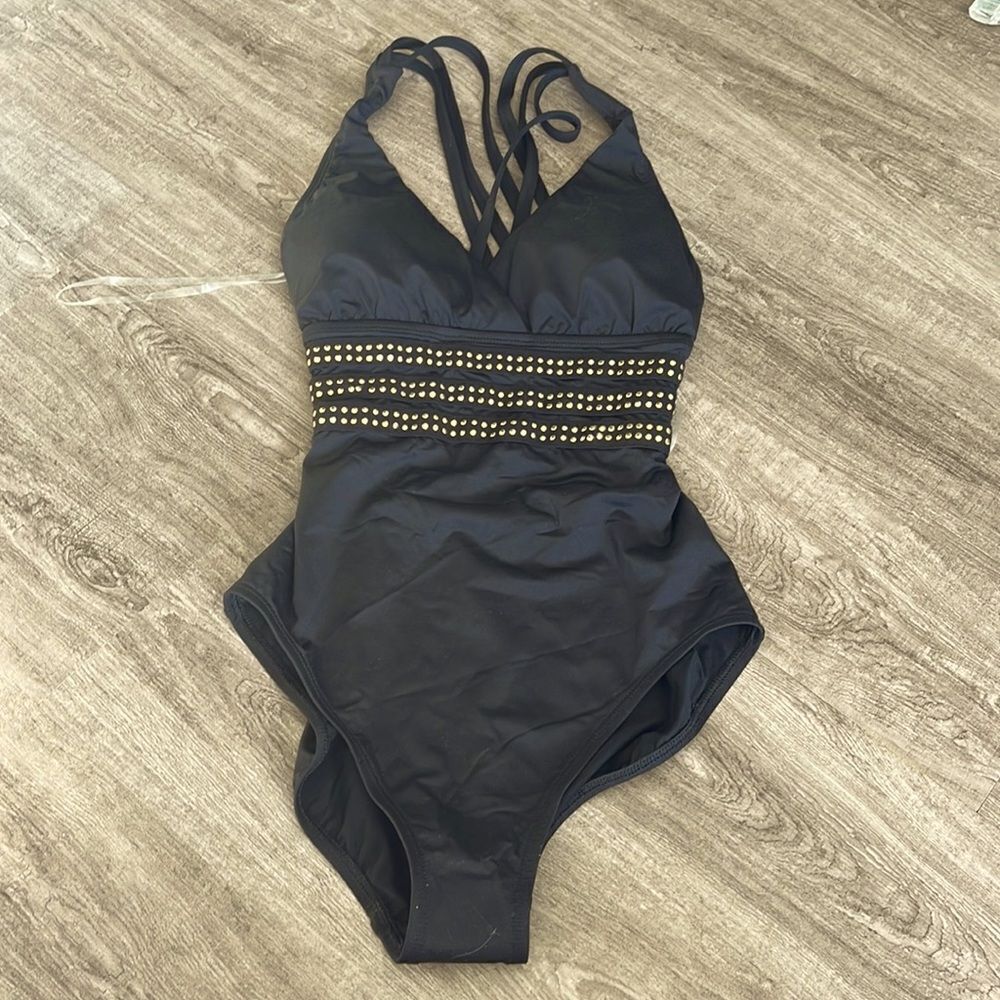 La Blanca Black Stud Band Gold One Piece Swimsuit . New